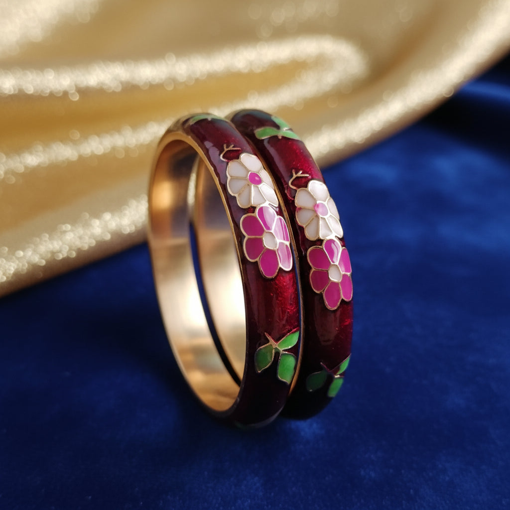 Elegant Floral Enamel Bangle Set - Hand-Painted Deep Red & Gold - Stylish Everyday Jewelry
