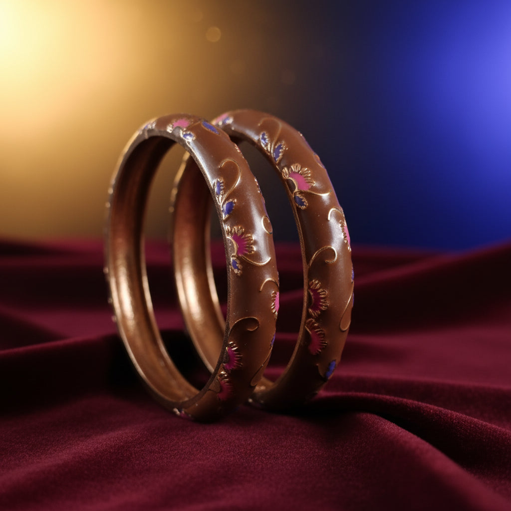 Floral Enamel Gold-Plated Bangles - Elegant Brown & Multicolor Designer Bracelets (Set of 2)