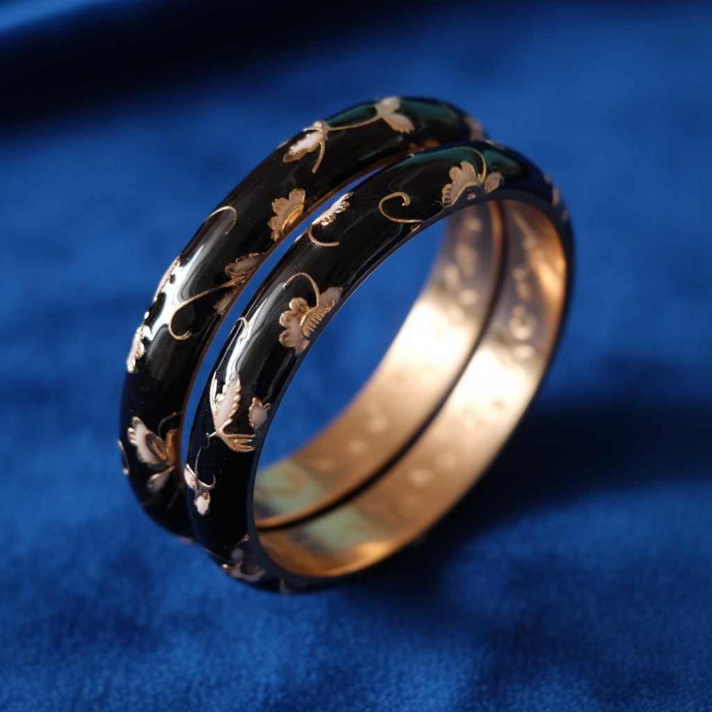 Elegant Black & Gold Floral Enamel Bangle Bracelets - Set of 2