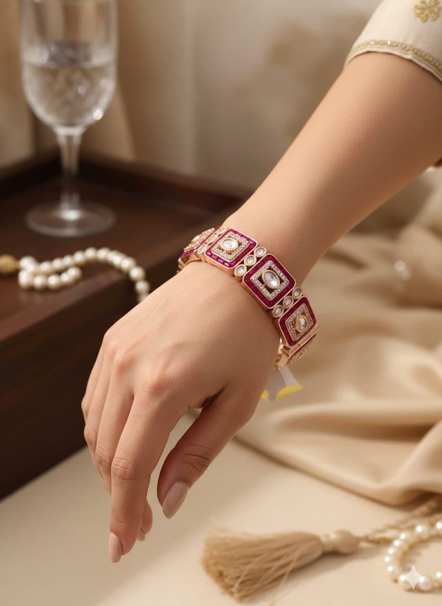 Ruby & Diamond Square-Cut Bangle Bracelet - Gold Plated, Statement Jewelry