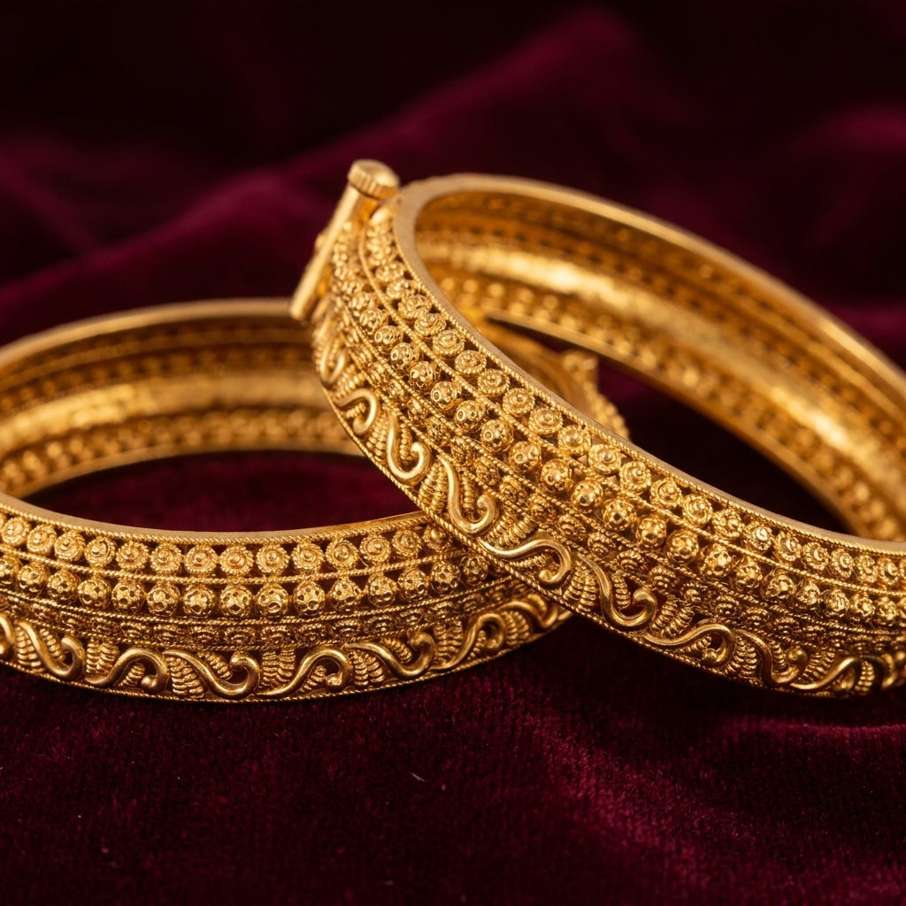 Antique Gold Filigree Temple Bangles Pair