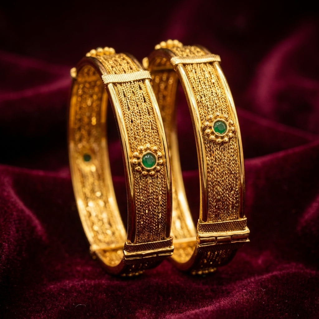 Antique Gold Cuff Bangles with Green Stone Motif