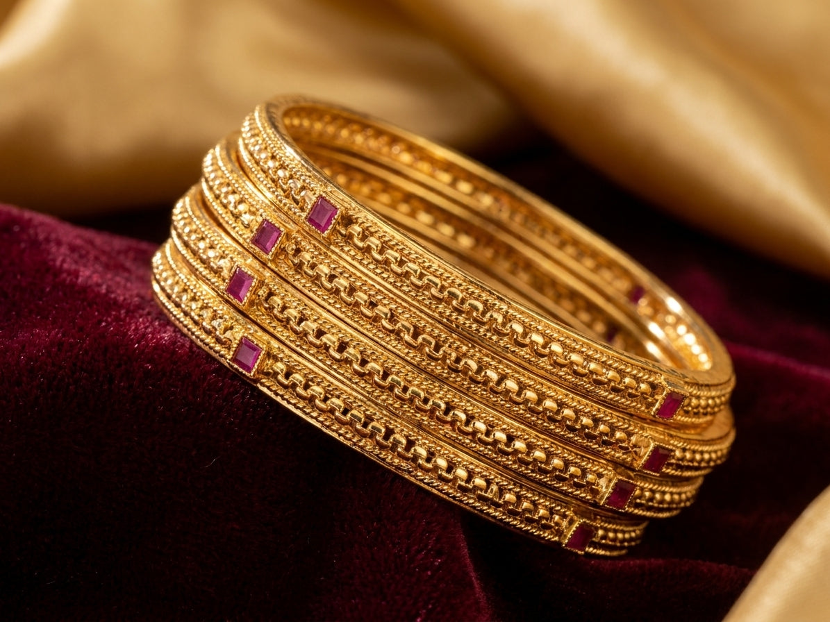 Exquisite Gold Plated Ruby Stone Bangle Set