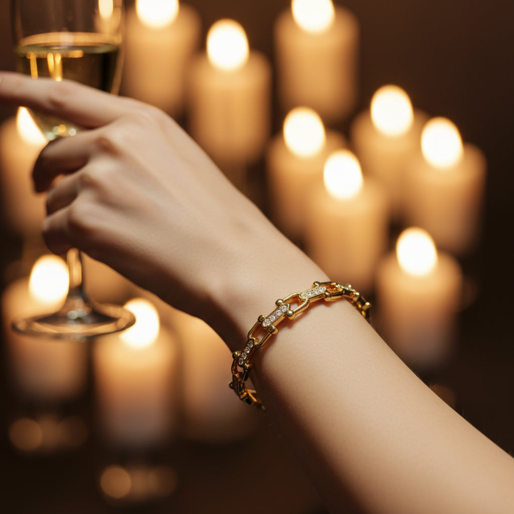 Elegant Gold Tone Pave Link Chain Bracelet