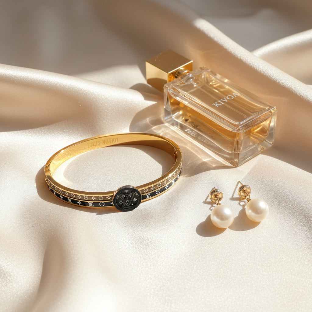 Elegant Gold Bracelet & Pearl Earring Set with Kivoa Perfume - Luxurious Women's Accessories