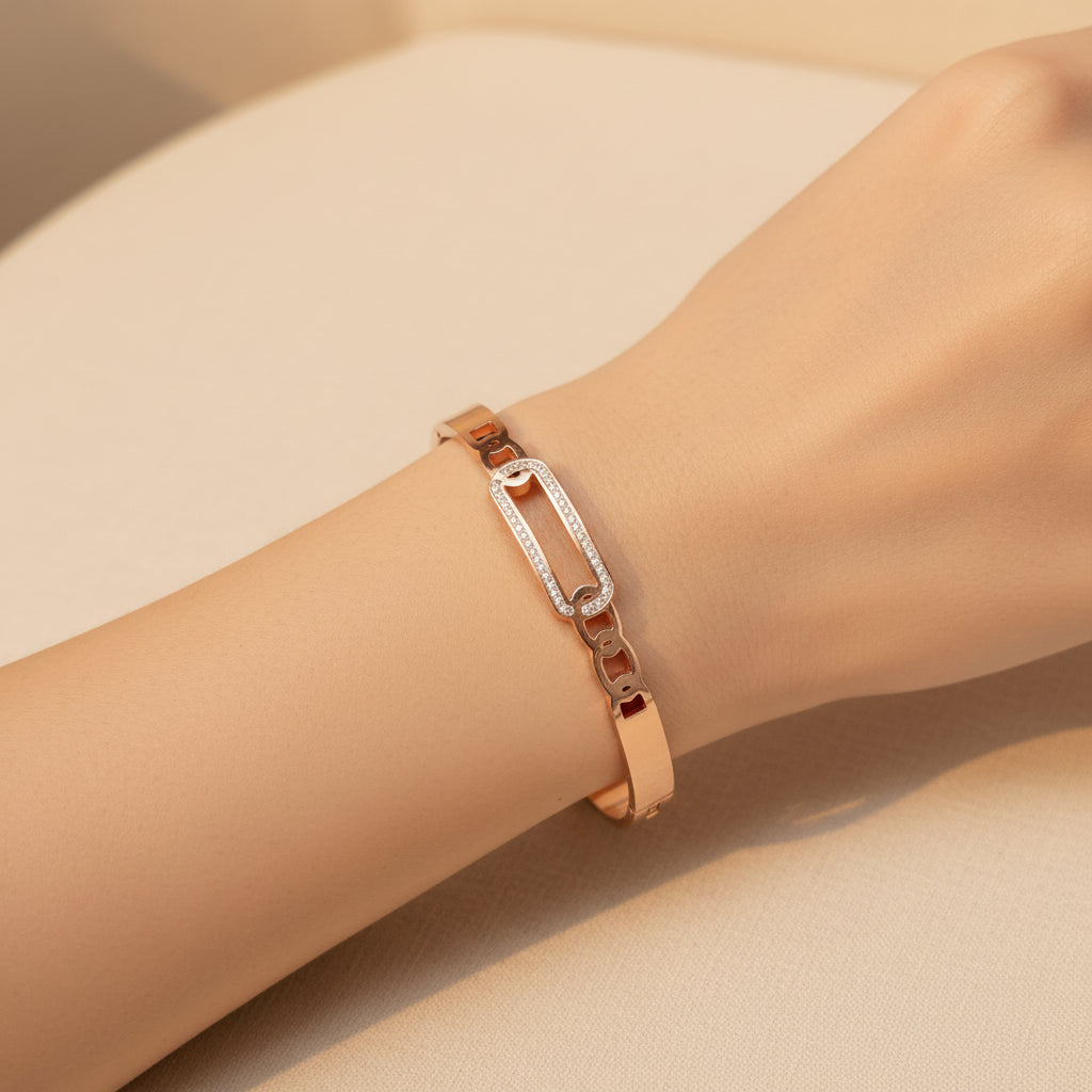 Chic Rose Gold Geometric Crystal Link Bangle Bracelet