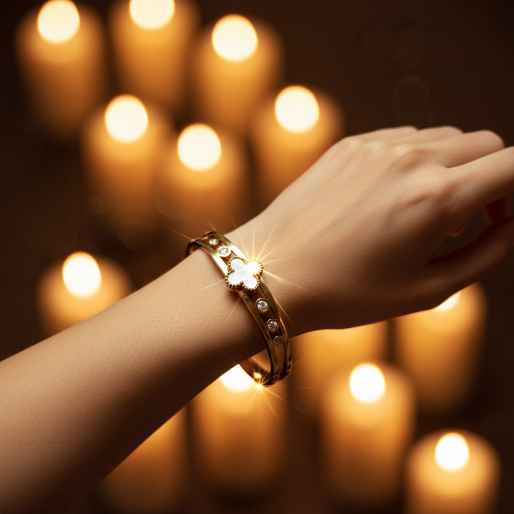 Elegant Gold Tone Clover Cuff Bracelet with Pearl & Crystal Accents