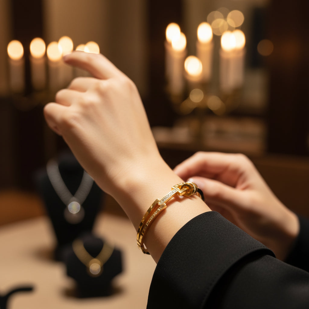 Chic Gold Tone Cuff Bracelet with Sparkling Crystal Accents