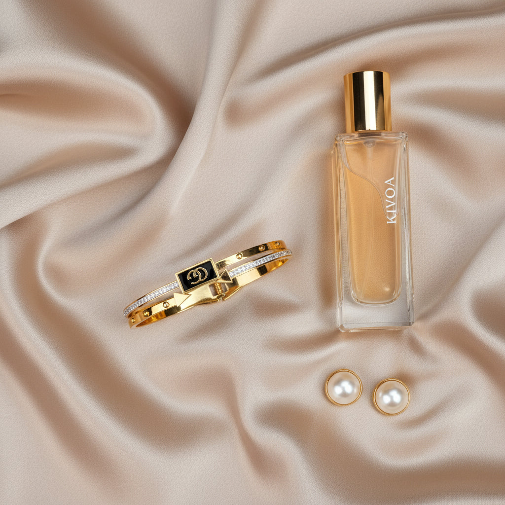 Kivoa Elegance Gift Set: Gold Plated Bracelet, Pearl Earrings & Luminous Perfume