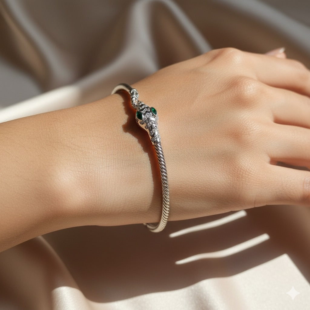 Sterling Silver Snake Head Bangle Bracelet with Emerald Eyes - Adjustable & Elegant
