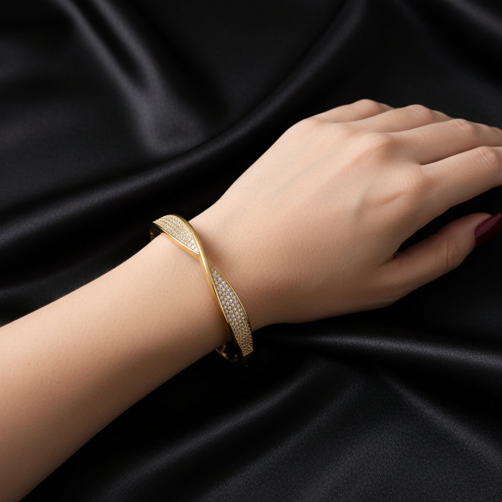 Elegant Gold Plated CZ Pave Twist Bangle Bracelet - Sparkling Women's Fashion Jewelry