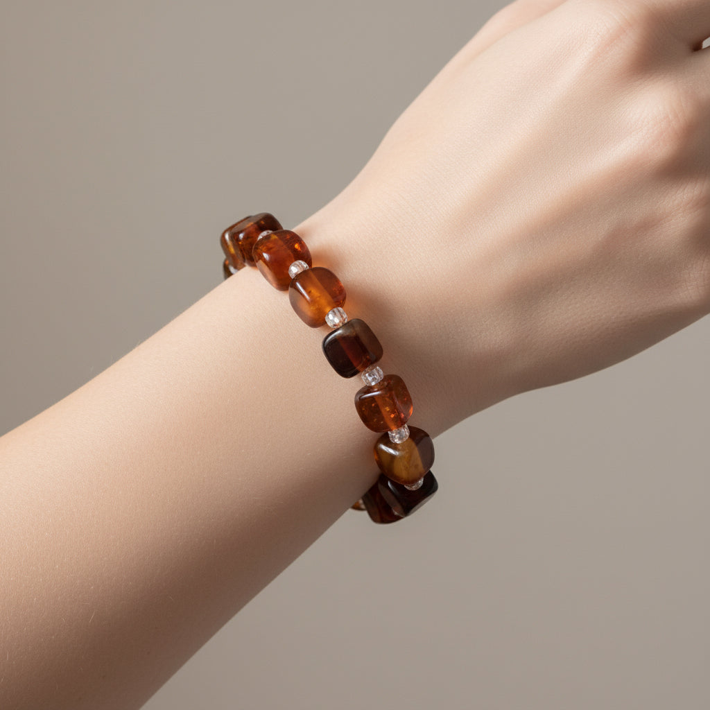 Amber & Clear Bead Stretch Bracelet - Natural Gemstone Jewelry