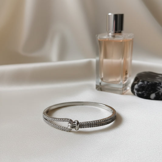 Sterling Silver Pave CZ Hook & Eye Bangle Bracelet - Elegant & Adjustable Sparkle