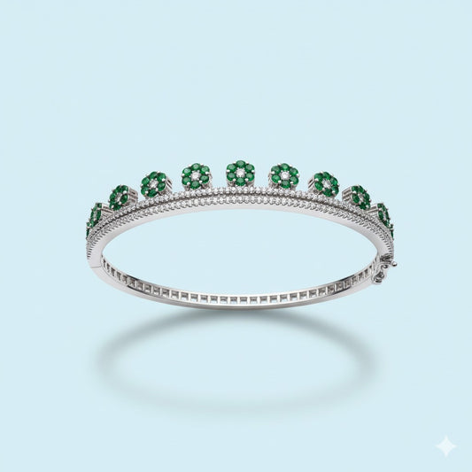 Sterling Silver Green Gemstone Floral Bangle Bracelet - Sparkling Diamond Accents