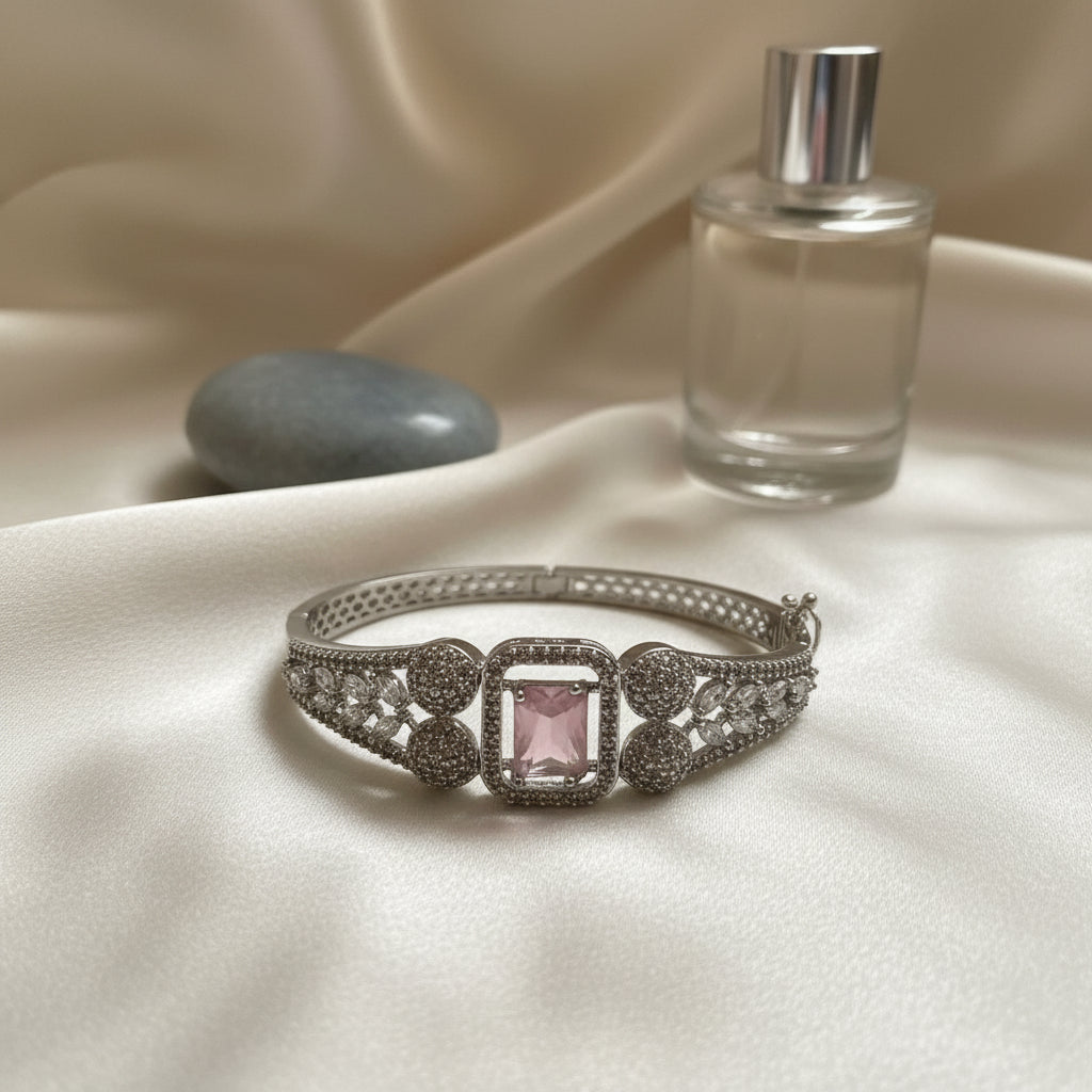 Elegant Pink Tourmaline & Diamond Cluster Silver Bangle Bracelet