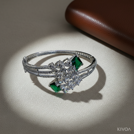 Elegant Emerald & Cubic Zirconia Silver Bracelet - Statement Cuff for Women