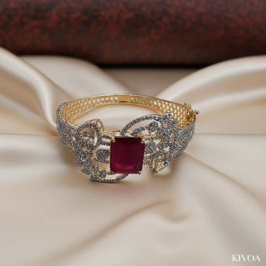 Ruby & Diamond Filigree Gold Bracelet - Elegant Statement Jewelry for Her