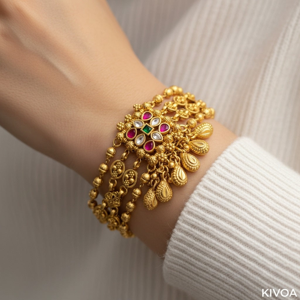 Ethnic Gold Plated Pearl & Gemstone Bracelet for Women - Indian Traditional Jewelry