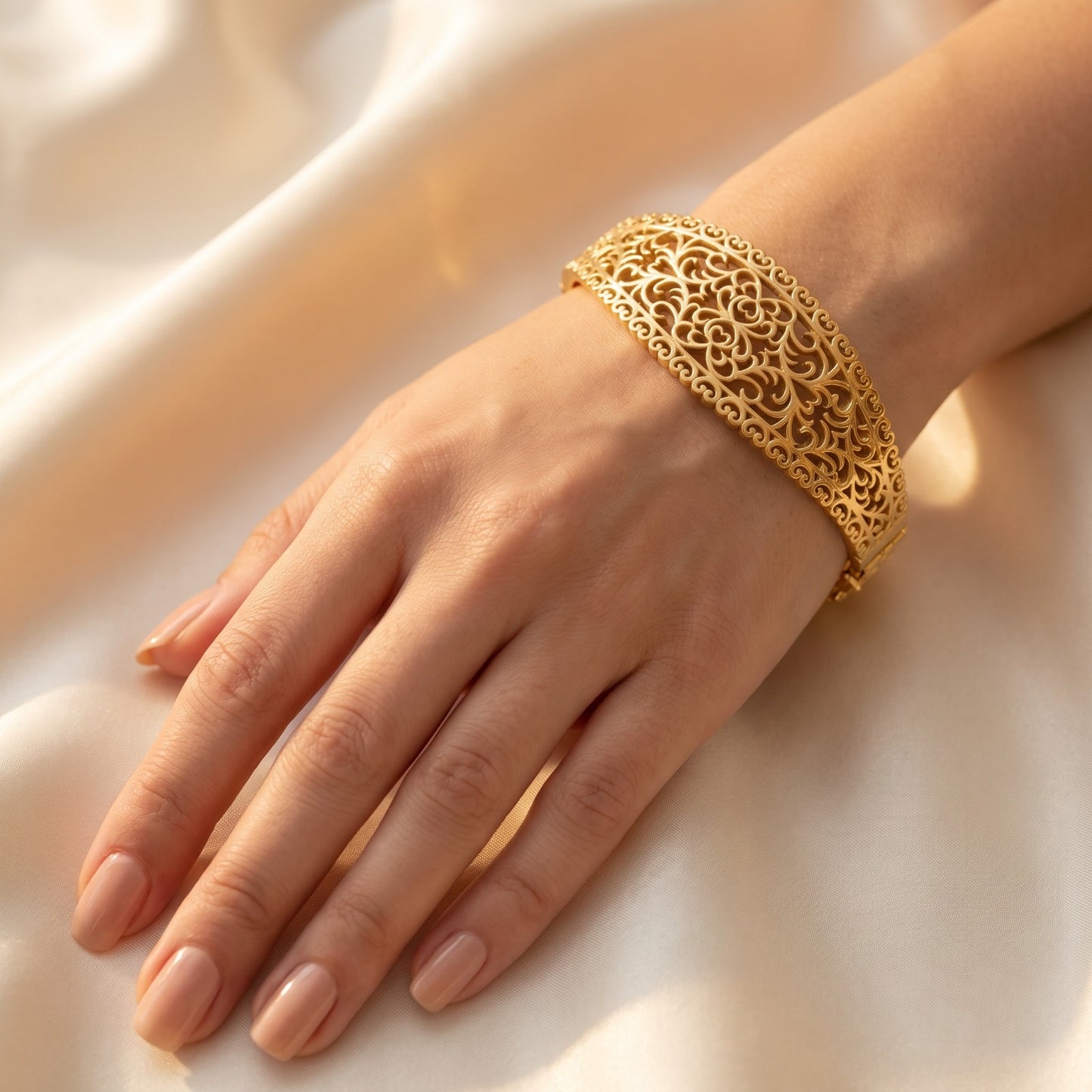 Luxurious Gold Filigree Wide Cuff Bangle Bracelet