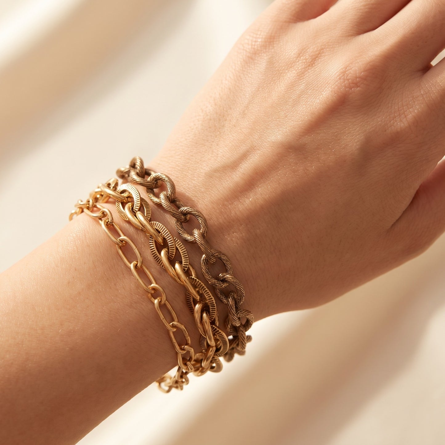 Stacked Gold Chain Bracelets – Textured Rope, Curb, & Paperclip Trio