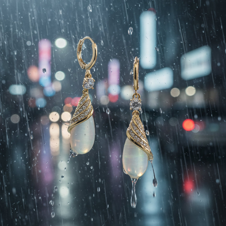 Luminous Opal & Diamond Raindrop Earrings - 14K Gold Plated Dangle