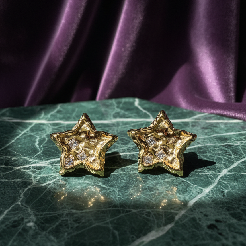 Textured Gold Star Stud Earrings with Cubic Zirconia Accents