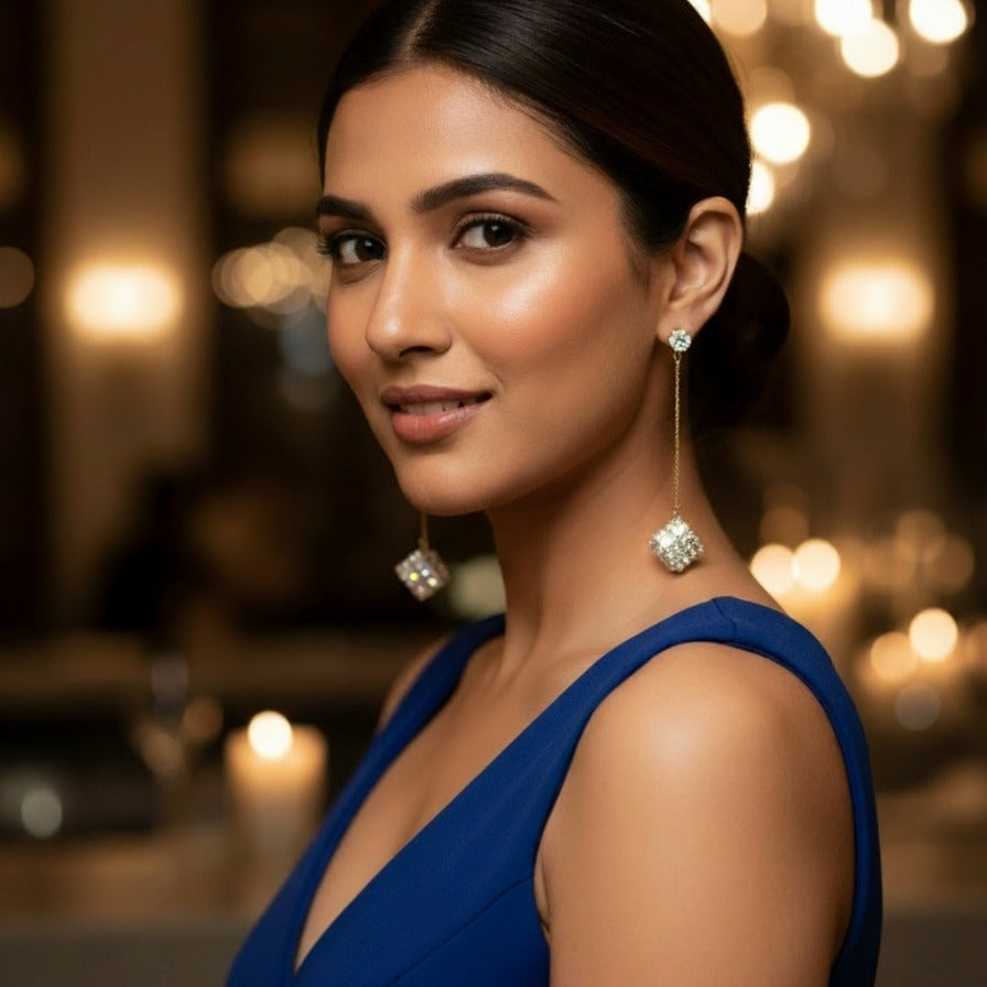 Sparkling Geometric Cluster Long Drop Earrings