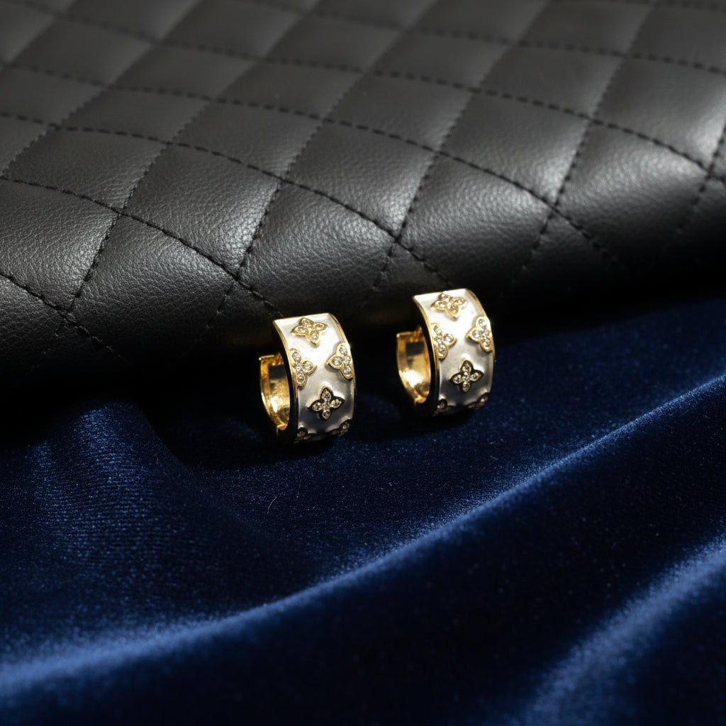 Elegant Gold Clover Enamel Hoops