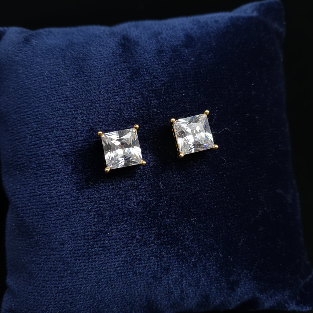 Square Cut Zircon Gold Plated Stud Earrings | Elegant & Timeless