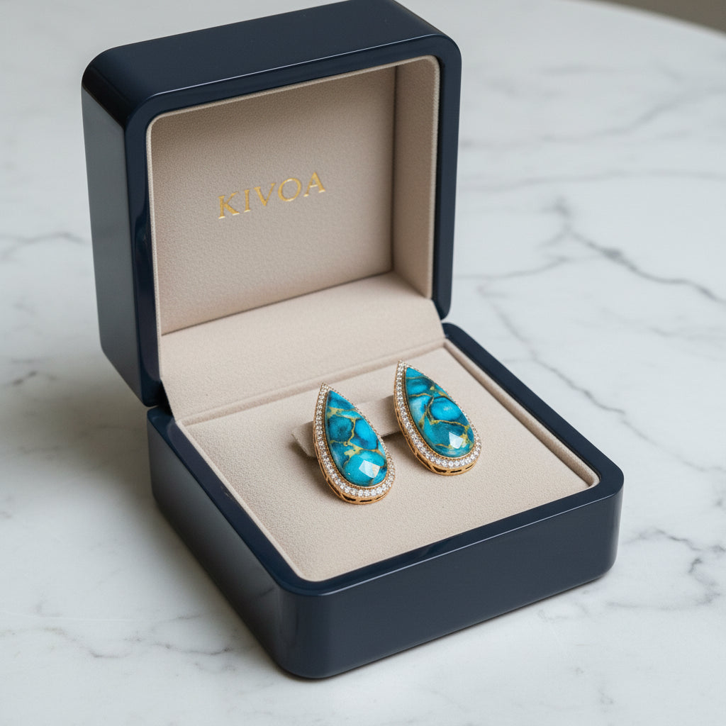 Luxe Gold Plated Turquoise Teardrop Halo Earrings