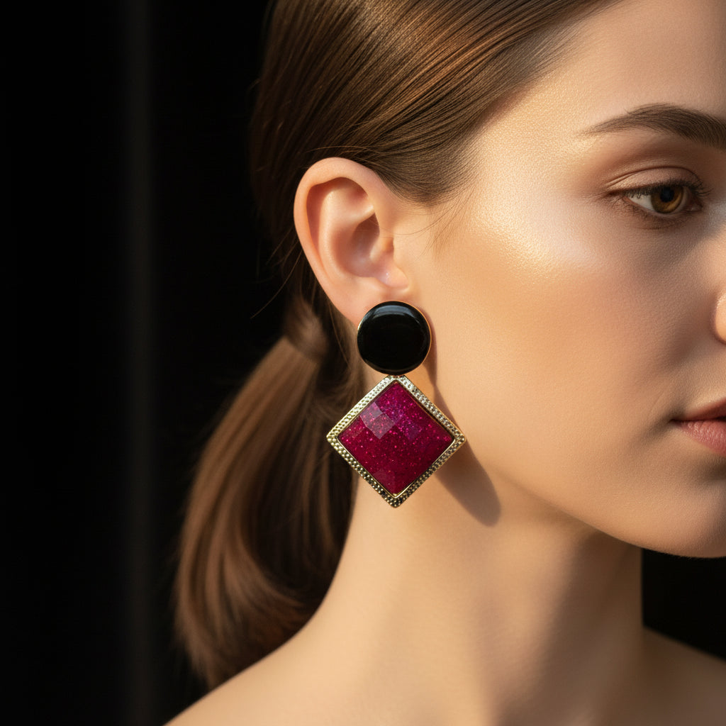Bold Geometric Statement Earrings with Black Disc & Magenta Glitter