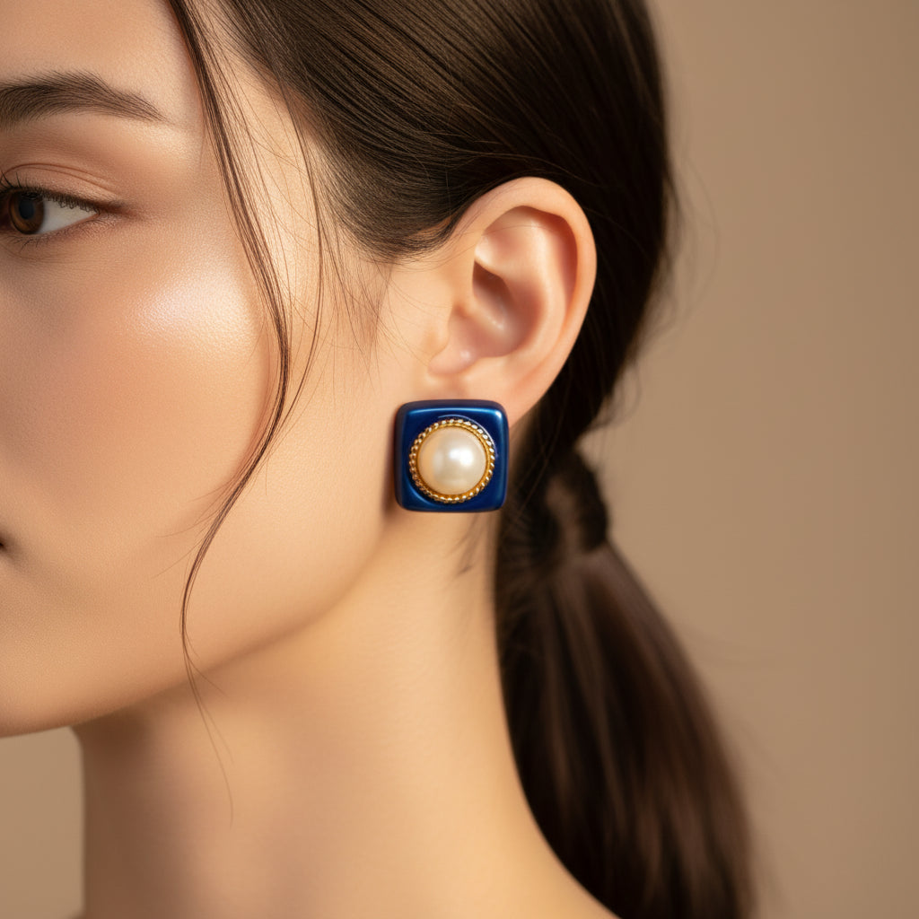 Elegant Pearl & Blue Enamel Square Clip-On Earrings | Vintage Style Statement Jewelry