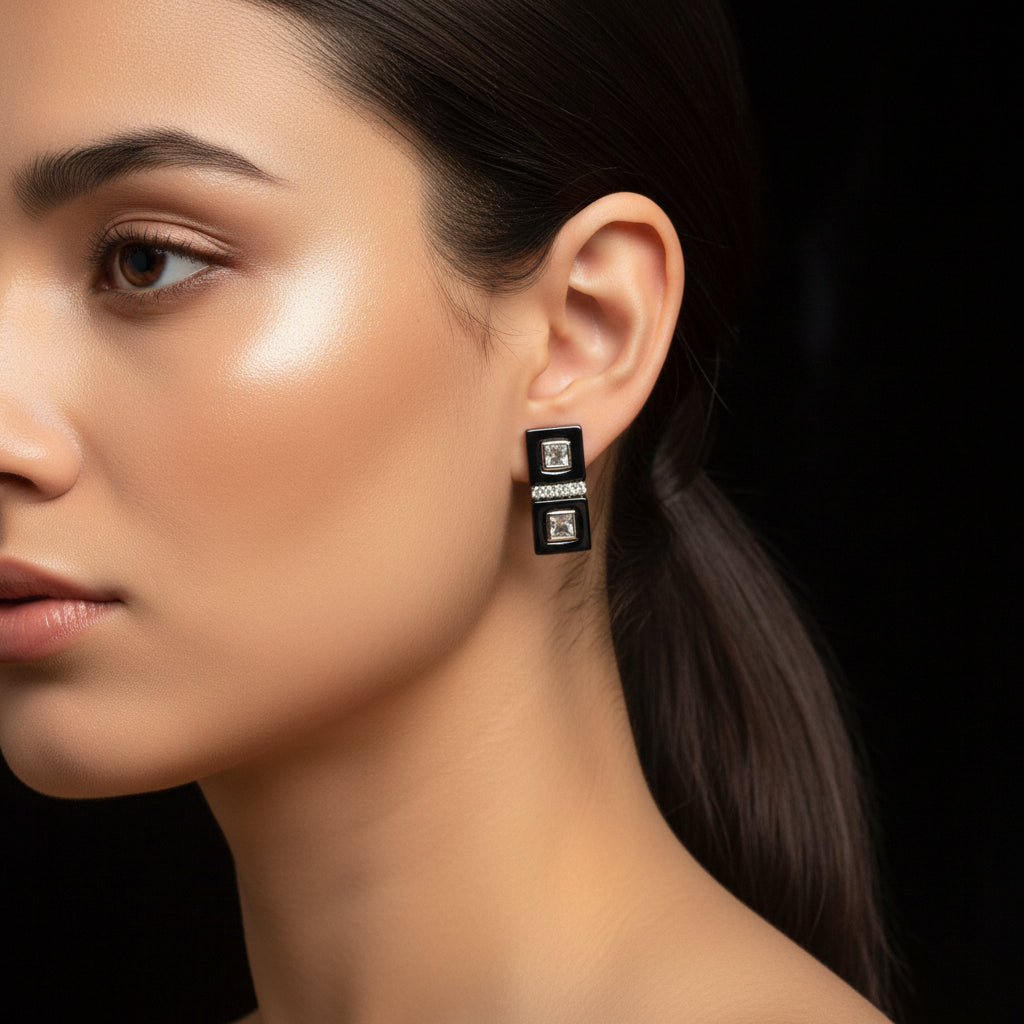 Luxe Geometric Black Enamel & Square CZ Drop Earrings