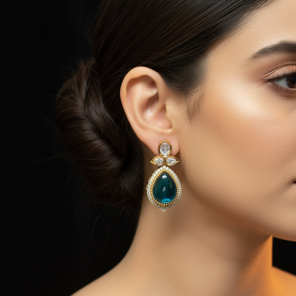 Gold Plated Teal Teardrop Kundan Drop Earrings
