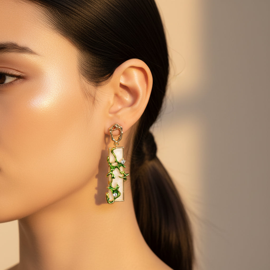 Botanical Vine Gold Earrings with Green Enamel & Pearl Inlay