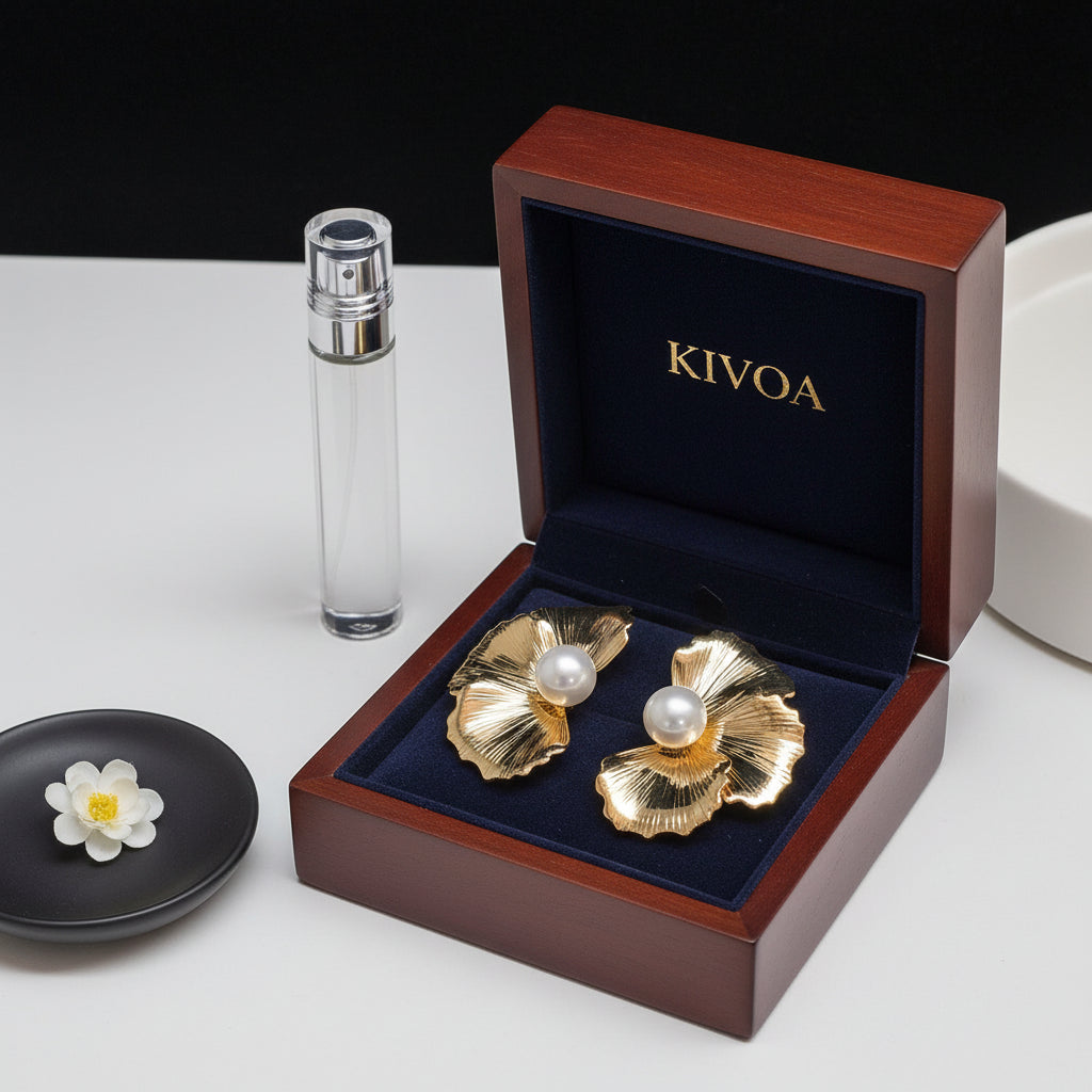 KIVOA Gold Petal Pearl Earrings - Elegant Floral Studs with Gift Box