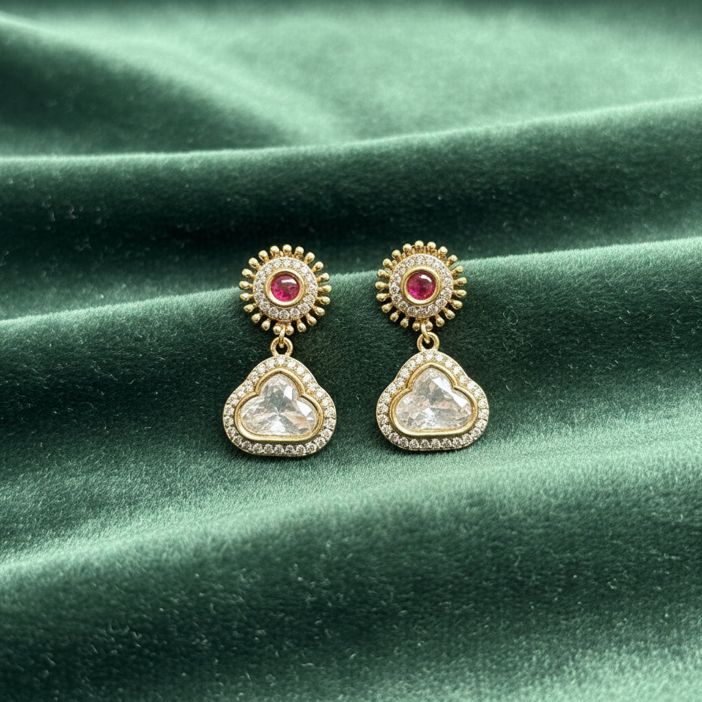 Ruby & Polki Diamond Stud Earrings - Gold Plated Ethnic Indian Jewelry
