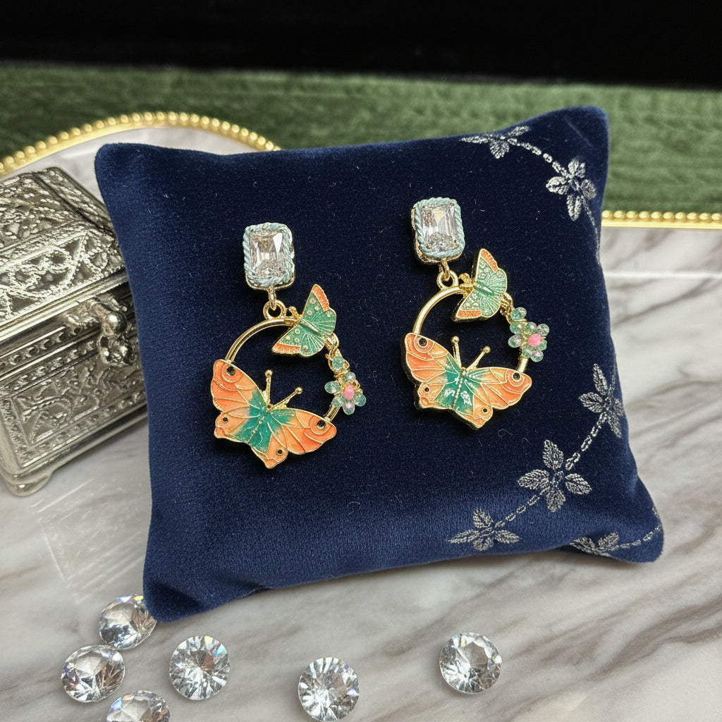 Gold Plated Enamel Butterfly & Floral Drop Earrings with Crystal Stone