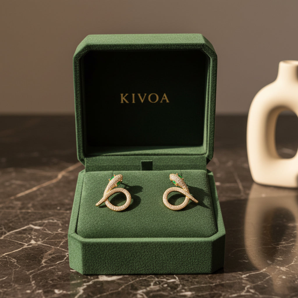 KIVOA Emerald Serpent Pave Diamond Earrings in Gold - Luxury Animal Motif Jewelry