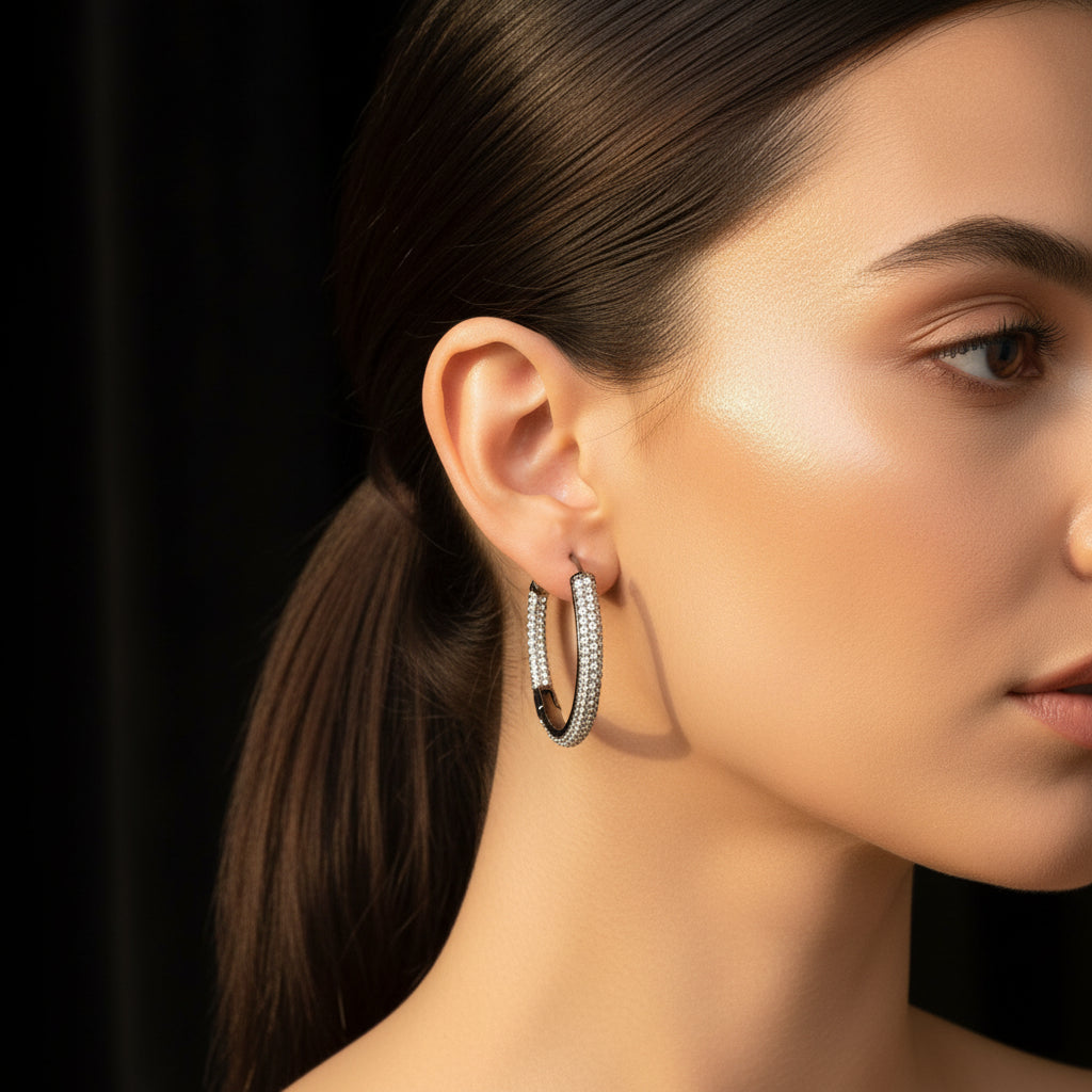 Sparkling Pave Cubic Zirconia Silver Tone Medium Hoop Earrings
