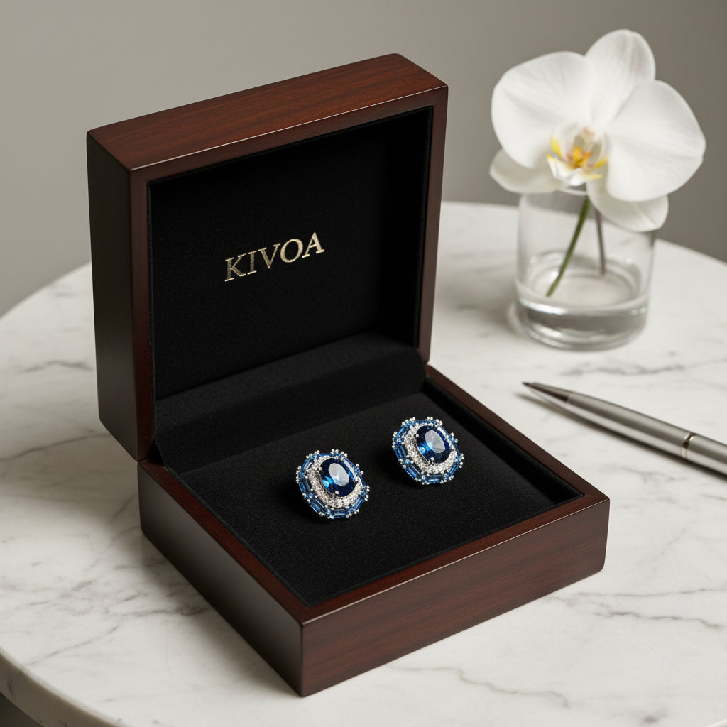 Royal Blue Oval Halo Stud Earrings with Baguette Accent