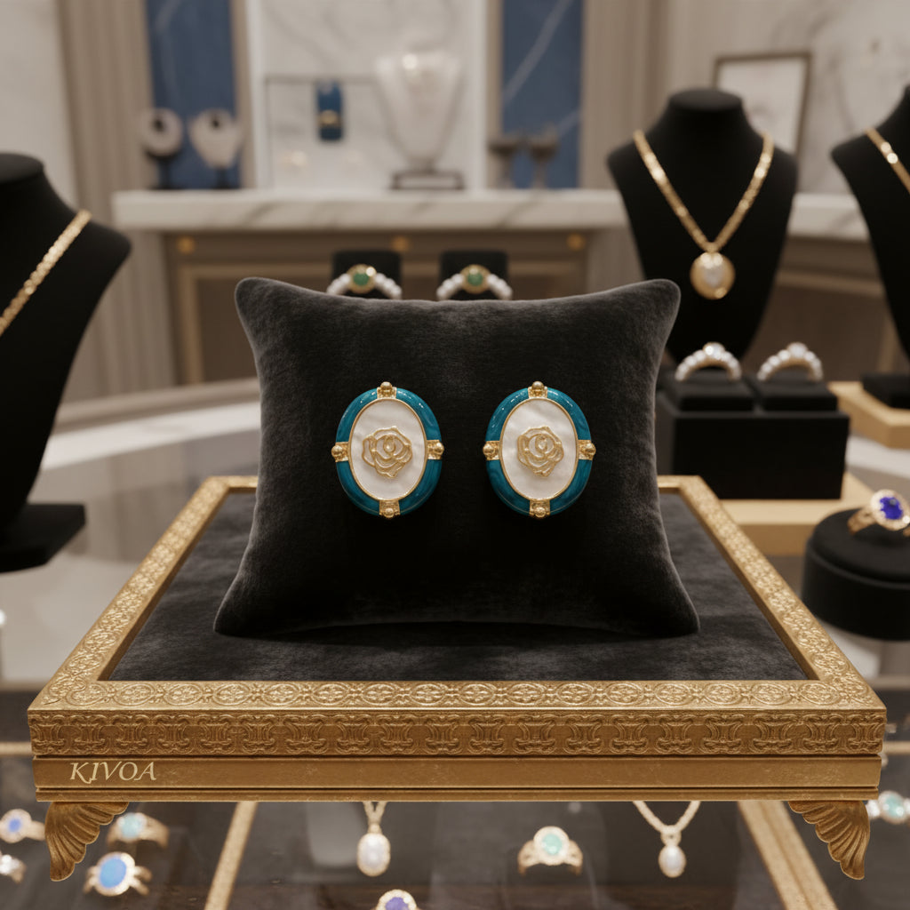 Elegant Oval Rose Stud Earrings - Gold & Teal Enamel | Mother of Pearl
