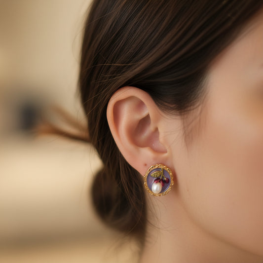 Vintage-Inspired Pearl & Berry Enamel Stud Earrings - Gold Tone