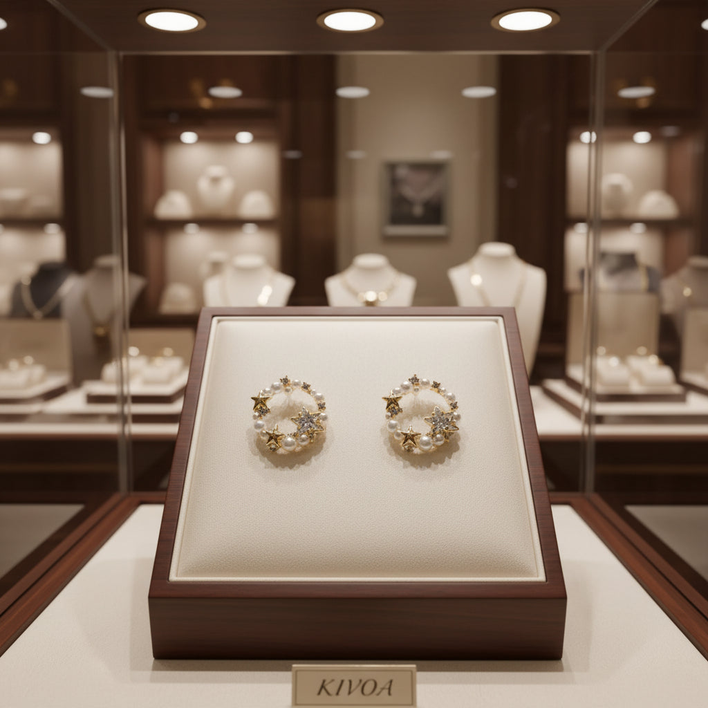 Star & Pearl Halo Stud Earrings - Elegant Gold-Tone Circle Design with Cubic Zirconia