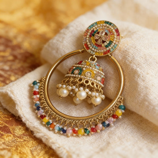 Colorful Beaded Jhumka Hoop Earrings - Traditional Indian Gold Tone Statement Jewelry