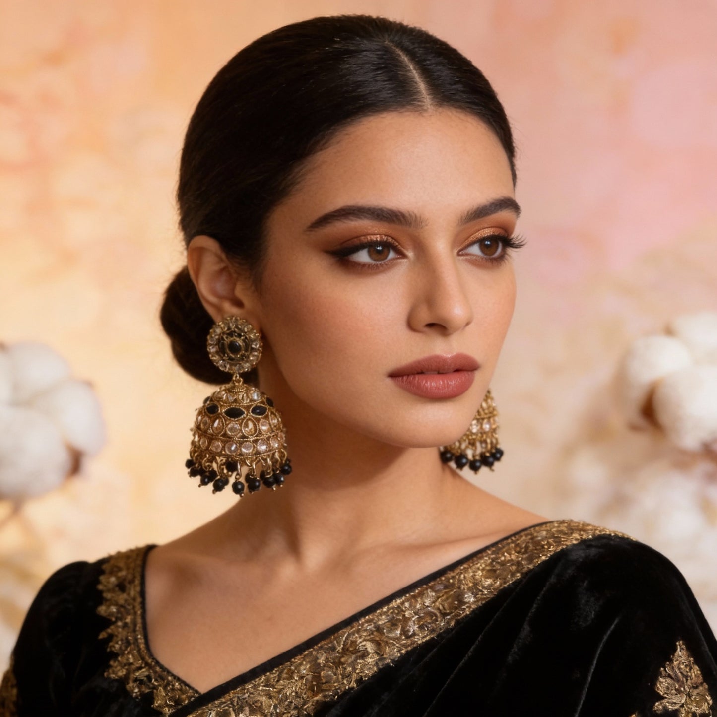 Ethnic Black & Gold Jhumka Earrings with Kundan & Pearl Drops - Indian Traditional Jewelry