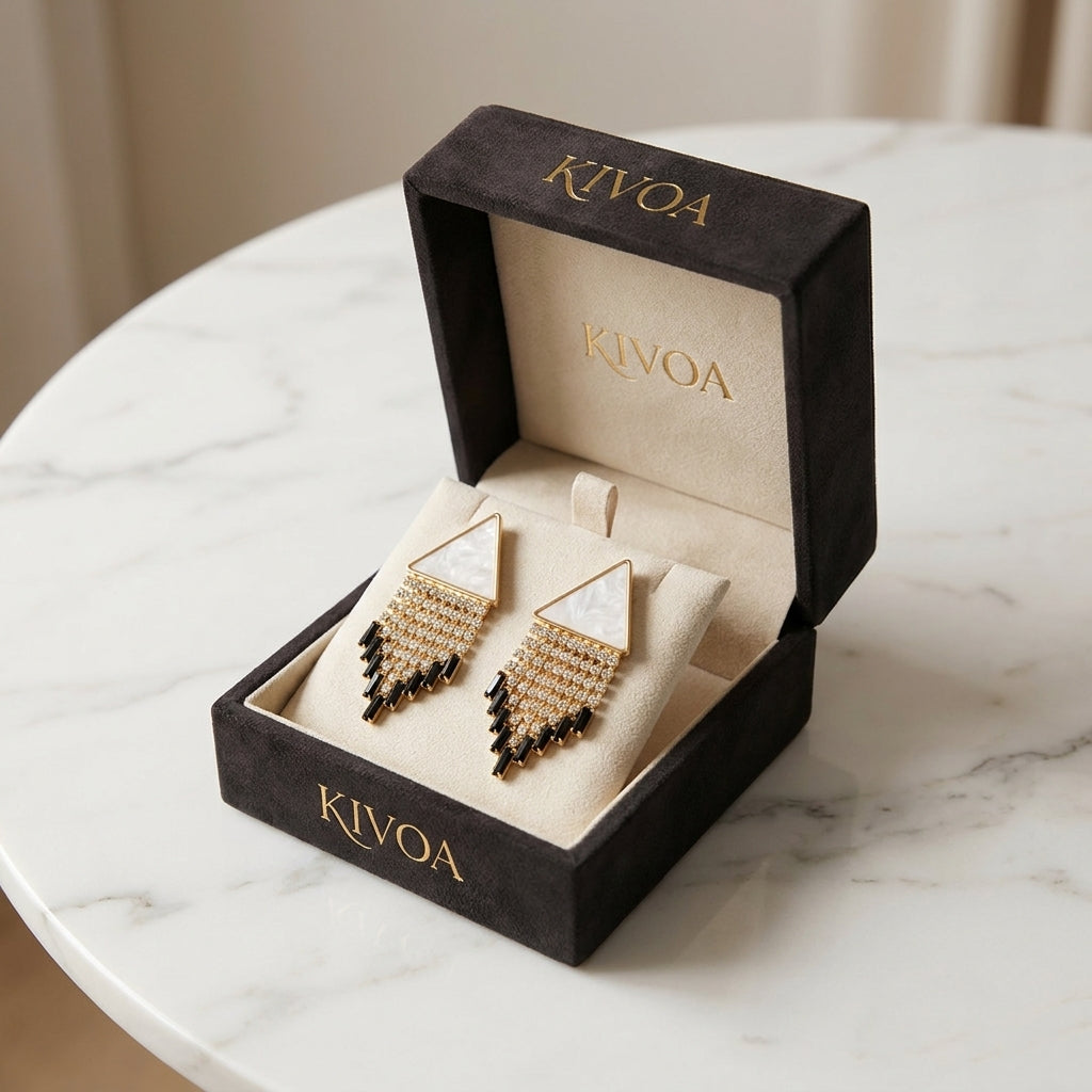 Gold Geometric Triangle & Crystal Fringe Statement Earrings