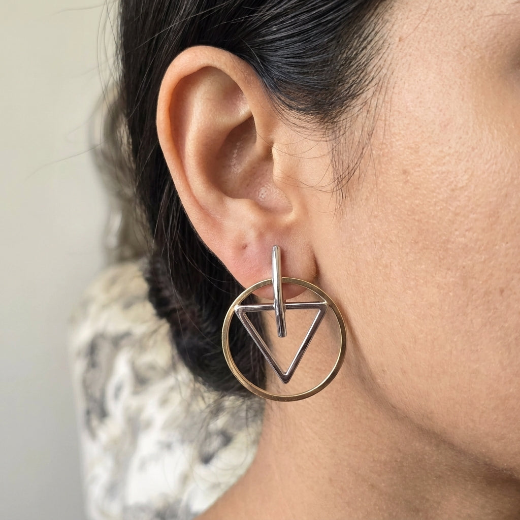 Modern Dual Tone Geometric Circle & Triangle Drop Earrings