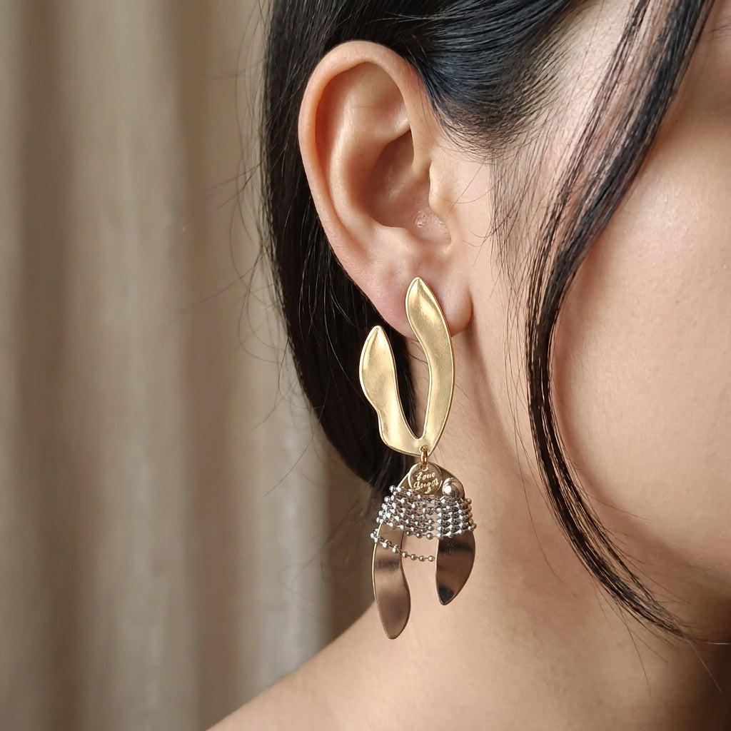Modern Gold & Silver Abstract Beaded Statement Earrings