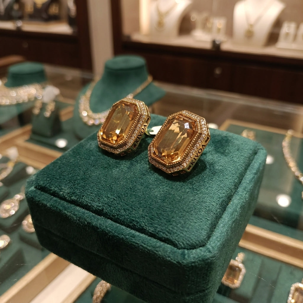 Gold-Toned Amber Rectangle Stone with Crystal Halo Earrings
